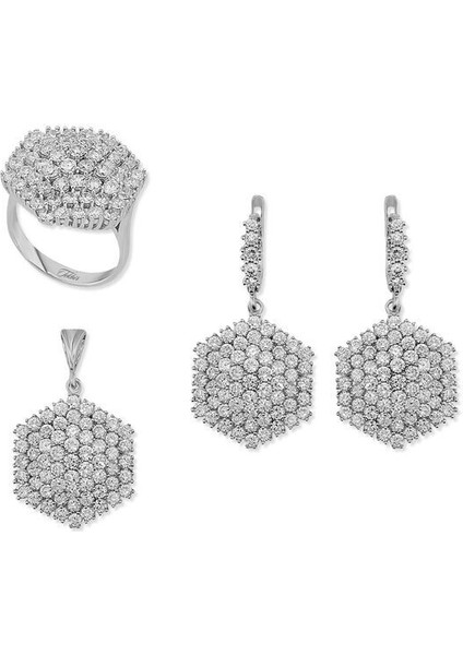 Altıgen Zirkon Taş 925 Ayar Gümüş Kadın Set