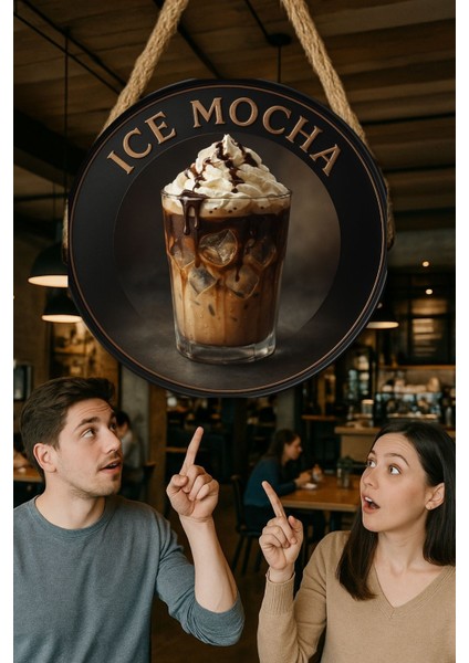 Ice Mocha Temalı Yuvarlak Cafe Tabelası – Jüt Ipli Ahşap Duvar & Kapı Dekoru | Barista Tarzı Süs