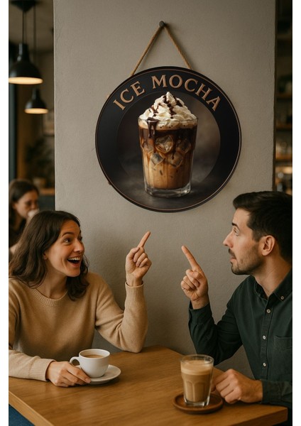 Ice Mocha Temalı Yuvarlak Cafe Tabelası – Jüt Ipli Ahşap Duvar & Kapı Dekoru | Barista Tarzı Süs fiyatları