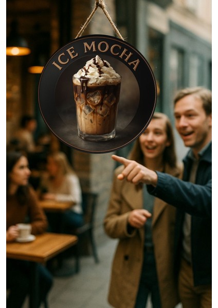 Ice Mocha Temalı Yuvarlak Cafe Tabelası – Jüt Ipli Ahşap Duvar & Kapı Dekoru | Barista Tarzı Süs modelleri