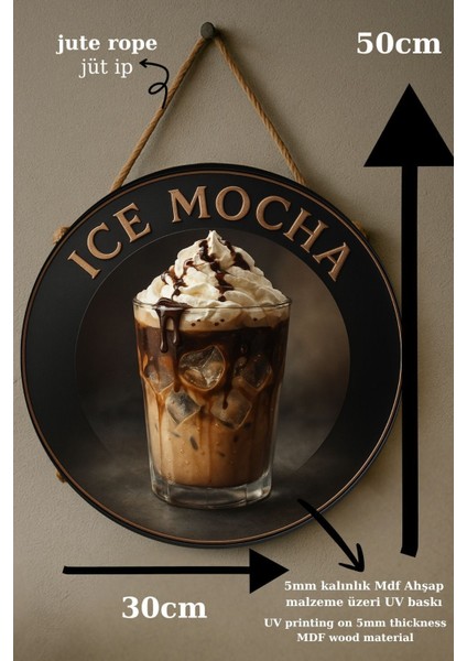 Ice Mocha Temalı Yuvarlak Cafe Tabelası – Jüt Ipli Ahşap Duvar & Kapı Dekoru | Barista Tarzı Süs fırsatları