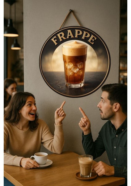 Frappe Temalı Yuvarlak Cafe Tabelası – Jüt Ipli Ahşap Duvar & Kapı Dekoru | Barista Tarzı Retro Süs fiyatları