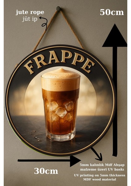 Frappe Temalı Yuvarlak Cafe Tabelası – Jüt Ipli Ahşap Duvar & Kapı Dekoru | Barista Tarzı Retro Süs fırsatları