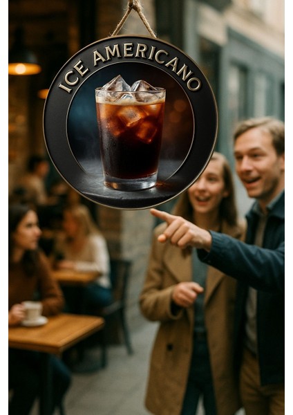 Ice Americano Temalı Yuvarlak Cafe Tabelası – Jüt Ipli Ahşap Duvar & Kapı Dekoru | Barista Tarz Süs