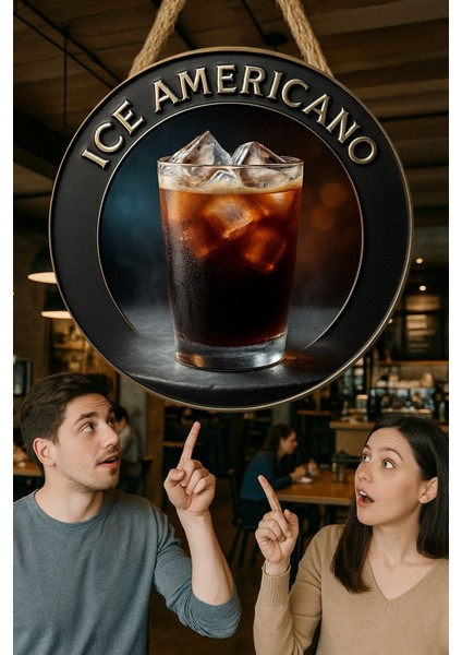 Ice Americano Temalı Yuvarlak Cafe Tabelası – Jüt Ipli Ahşap Duvar & Kapı Dekoru | Barista Tarz Süs fiyatları