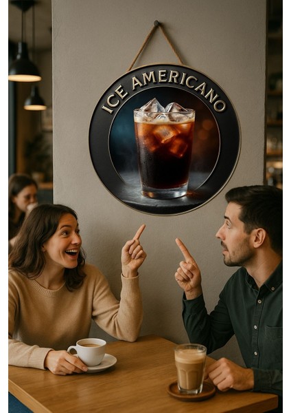 Ice Americano Temalı Yuvarlak Cafe Tabelası – Jüt Ipli Ahşap Duvar & Kapı Dekoru | Barista Tarz Süs modelleri
