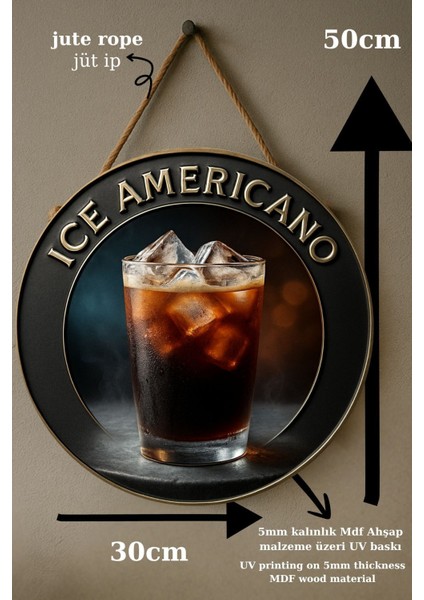 Ice Americano Temalı Yuvarlak Cafe Tabelası – Jüt Ipli Ahşap Duvar & Kapı Dekoru | Barista Tarz Süs fırsatları