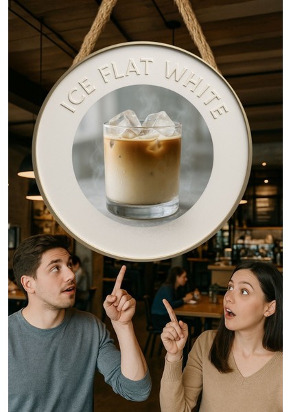 Ice Flat White Temalı Yuvarlak Cafe Tabelası – Jüt Ipli Ahşap Duvar & Kapı Dekoru | Barista Süsü