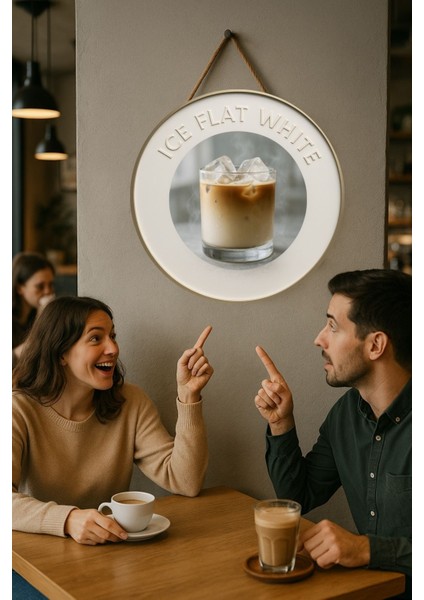 Ice Flat White Temalı Yuvarlak Cafe Tabelası – Jüt Ipli Ahşap Duvar & Kapı Dekoru | Barista Süsü fiyatları