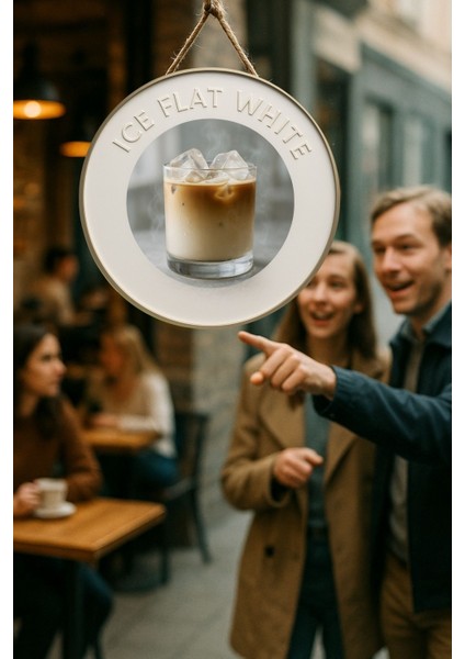 Ice Flat White Temalı Yuvarlak Cafe Tabelası – Jüt Ipli Ahşap Duvar & Kapı Dekoru | Barista Süsü modelleri