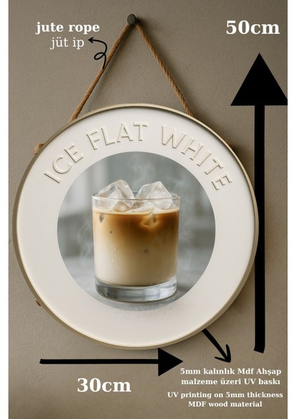 Ice Flat White Temalı Yuvarlak Cafe Tabelası – Jüt Ipli Ahşap Duvar & Kapı Dekoru | Barista Süsü fırsatları