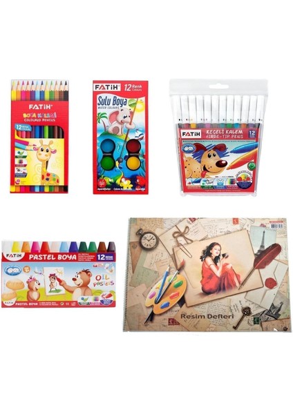 12'li Pastel, Keçeli, Kuru, Sulu Boya ve Resim Defteri Seti
