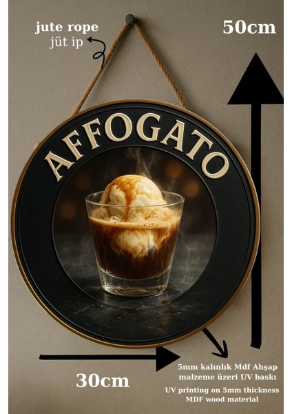 Affogato Temalı Yuvarlak Cafe Tabelası – Jüt Ipli Ahşap Duvar & Kapı Dekoru | Barista Tarzı Süs fırsatları