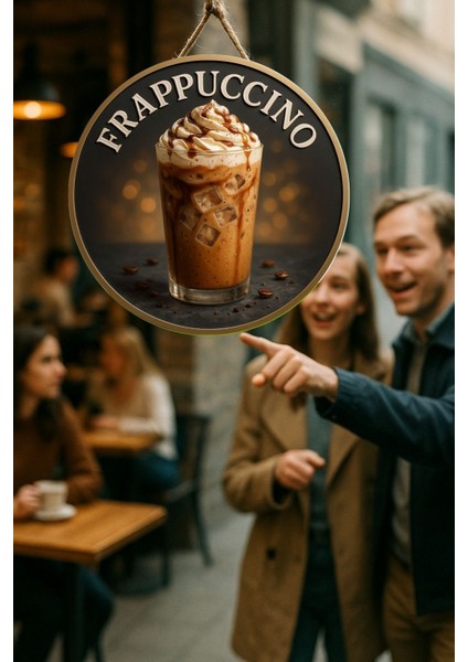 Frappuccino Temalı Yuvarlak Cafe Tabelası – Jüt Ipli Ahşap Duvar & Kapı Dekoru | Barista Tarzı Süs