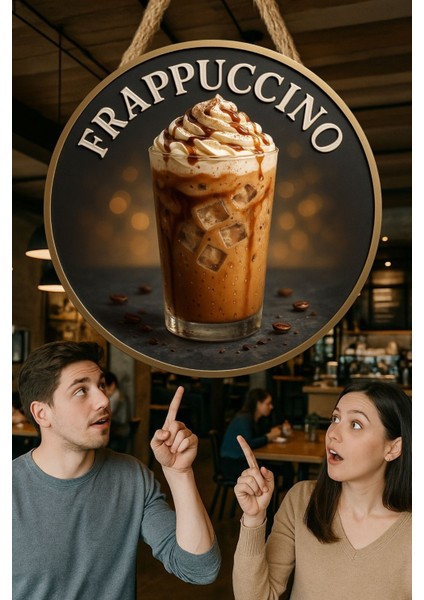 Frappuccino Temalı Yuvarlak Cafe Tabelası – Jüt Ipli Ahşap Duvar & Kapı Dekoru | Barista Tarzı Süs fiyatları