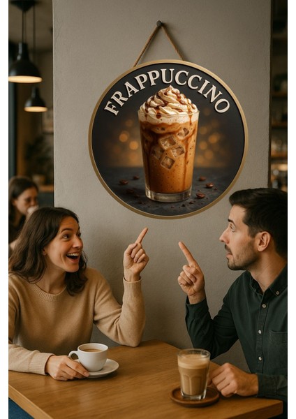 Frappuccino Temalı Yuvarlak Cafe Tabelası – Jüt Ipli Ahşap Duvar & Kapı Dekoru | Barista Tarzı Süs modelleri