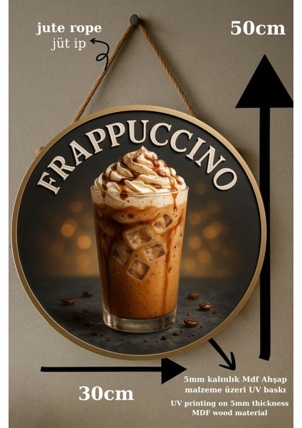 Frappuccino Temalı Yuvarlak Cafe Tabelası – Jüt Ipli Ahşap Duvar & Kapı Dekoru | Barista Tarzı Süs fırsatları