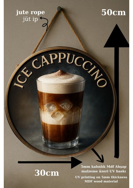 Ice Cappuccino Temalı Yuvarlak Cafe Tabelası – Jüt Ipli Ahşap Duvar & Kapı Dekoru | Barista Süsü fırsatları