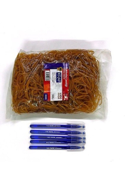 Mavi Tükenmez Kalem 5'li Set ve 500GR Kauçuk Ambalaj Lastiği