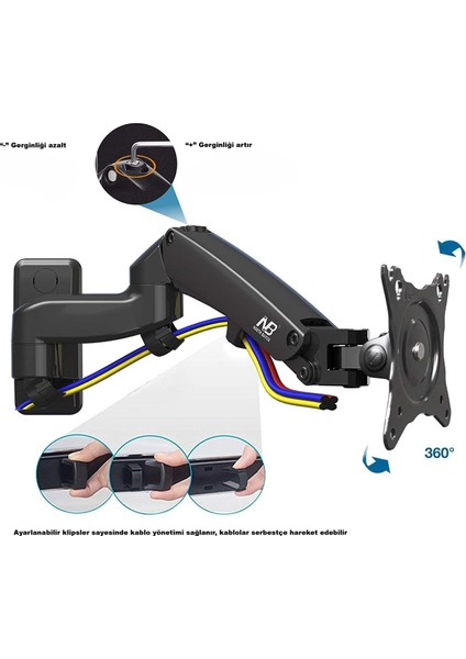 Nb F150 Ergonomik Gaz Yaylı Duvar Tipi Amörtisörlü Monitör Askı Aparatı 17” - 27”