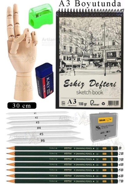 Ahşap El Modeli ve A3 Eskiz Defteri Seti, Kalem ve Dağıtıcı ile Birlikte