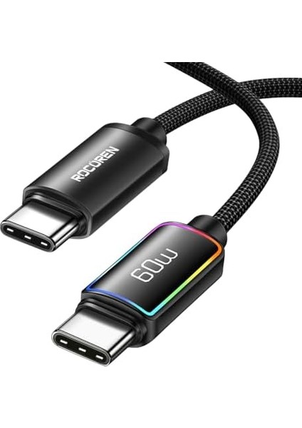 60W Type-C To Type-C Rgb Aydınlatmalı Örgülü Şarj ve Data Kablosu 1 Metre modelleri
