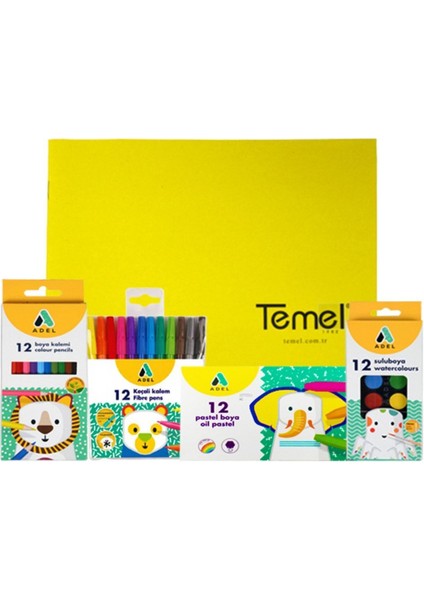 4'lü Boya Seti ve Resim Defteri Hediye, Kuru, Sulu, Pastel, Keçeli Boya