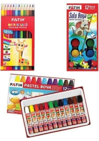 Renkli Çocuk Boya Seti 12'li: Kuruboya, Suluboya, Pastel Boya Paketleri