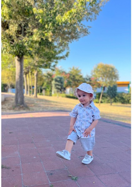 Yazılı Keten Şort-Gömlek Alt Üst Takım