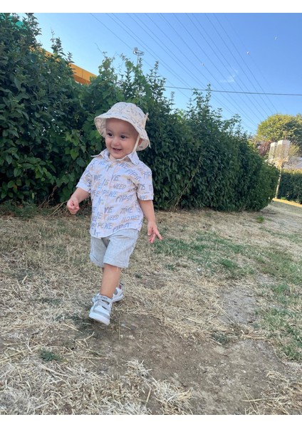 Yazılı Keten Şort-Gömlek Alt Üst Takım