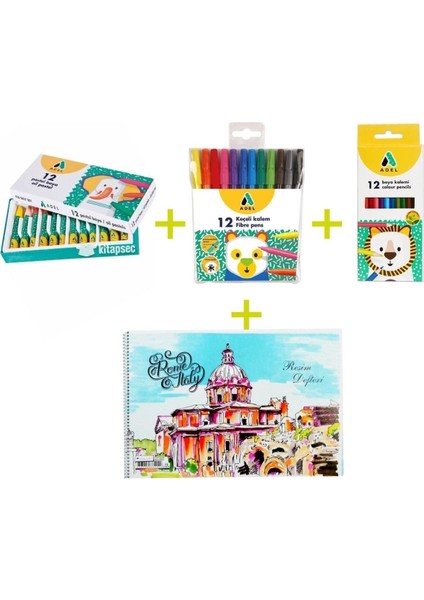 3'lü Boyama Seti, Kuru Pastel Keçeli, 25X35, 15 Yaprak Resim Defteri