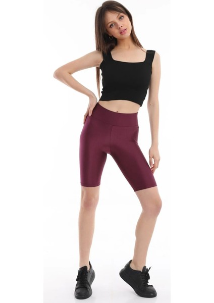 Iç Giyim Derya Kurşun Esnek Kumaş Rahat Kesim Yüksek Bel Parlak Diz Üsttü Bisikletçi Tayt