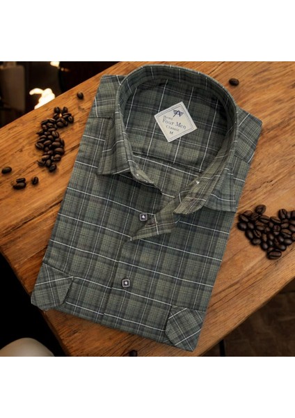 Linen Keten Klasik Kısa Kollu Iki Cepli Kapaklı Yeşil Baba Gömleği (Regular Kalıp)