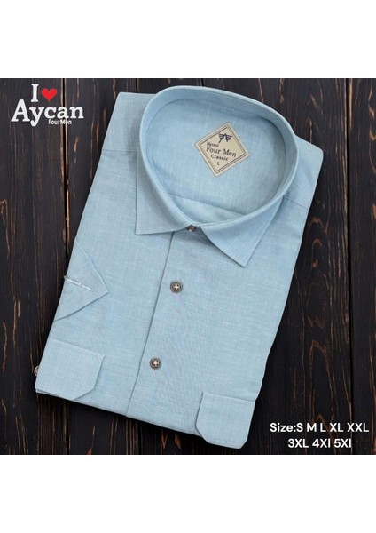Linen Keten Klasik Kısa Kollu Iki Cepli Kapaklı Mavi Baba Gömleği (Regular Kalıp)