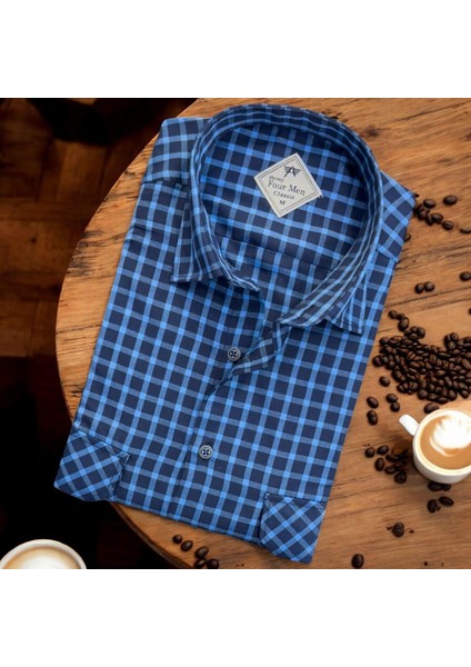 Linen Keten Klasik Kısa Kollu Iki Cepli Kapaklı Mavi Baba Gömleği (Regular Kalıp)