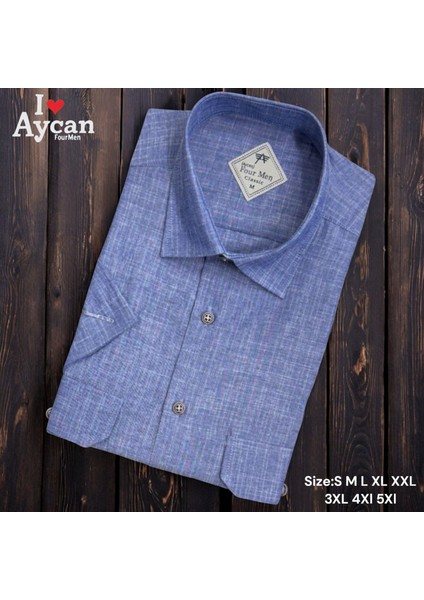 Linen Keten Klasik Kısa Kollu Iki Cepli Kapaklı Mavi Baba Gömleği (Regular Kalıp)