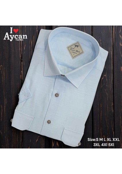 Linen Keten Klasik Kısa Kollu Iki Cepli Kapaklı Mavi Baba Gömleği (Regular Kalıp)