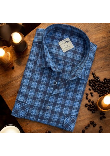 Linen Keten Klasik Kısa Kollu Iki Cepli Kapaklı Mavi Baba Gömleği (Regular Kalıp)