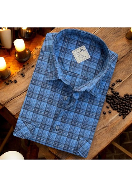 Linen Keten Klasik Kısa Kollu Iki Cepli Kapaklı Mavi Baba Gömleği (Regular Kalıp)