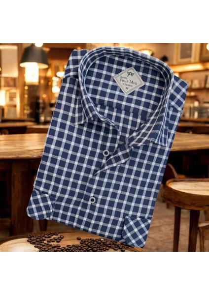 Linen Keten Klasik Kısa Kollu Iki Cepli Kapaklı Mavi Baba Gömleği (Regular Kalıp)