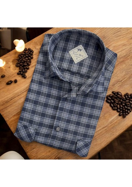 Linen Keten Klasik Kısa Kollu Iki Cepli Kapaklı Mavi Baba Gömleği (Regular Kalıp)