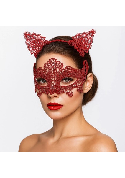 Romantik Kırmızı Dantel Maske Seti – Kedi Kulaklı Taç ve Maske No 3