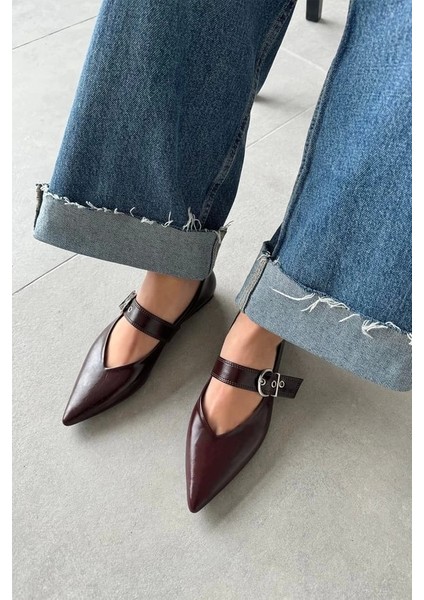 Brano Kadın Kemer Detay Deri Babet Bordo modelleri