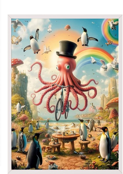 Beyaz Çerçeveli Tablo, Mizahi Ahtapot Illüstrasyonu, Çocuk Odası Dekoru Poster No: 111306