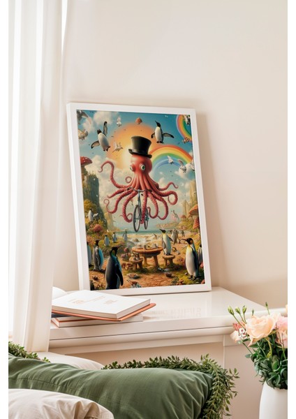 Beyaz Çerçeveli Tablo, Mizahi Ahtapot Illüstrasyonu, Çocuk Odası Dekoru Poster No: 111306 fiyatları
