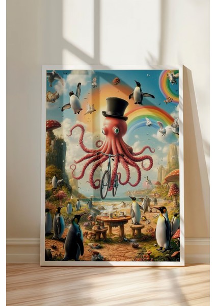 Beyaz Çerçeveli Tablo, Mizahi Ahtapot Illüstrasyonu, Çocuk Odası Dekoru Poster No: 111306 modelleri