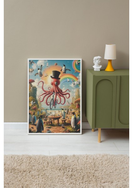 Beyaz Çerçeveli Tablo, Mizahi Ahtapot Illüstrasyonu, Çocuk Odası Dekoru Poster No: 111306 fırsatları