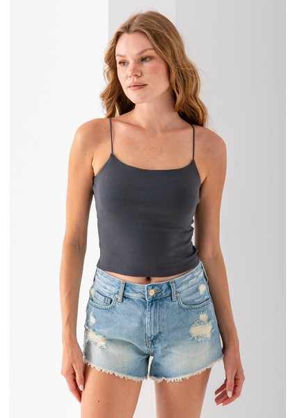 Kadın Kare Yaka Ince Askılı Basic Atlet Antrasit - MS0000514