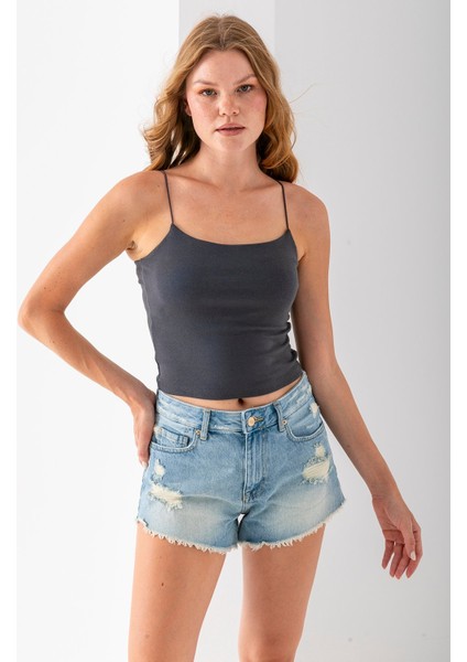 Kadın Kare Yaka Ince Askılı Basic Atlet Antrasit - MS0000514