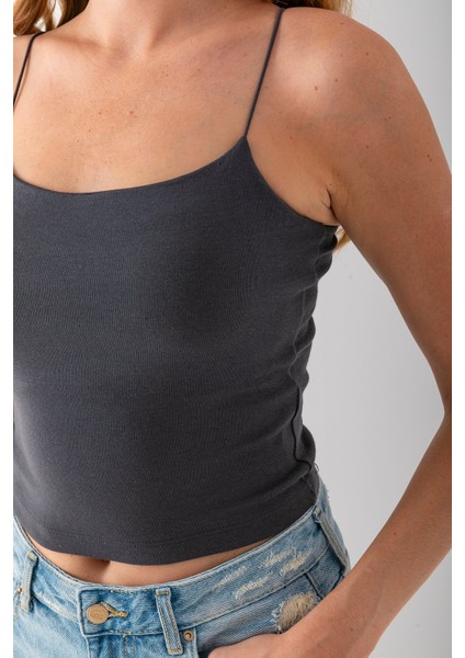 Kadın Kare Yaka Ince Askılı Basic Atlet Antrasit - MS0000514